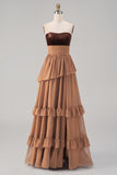 Khaki Tiered Strapless Chiffon Long Backless Wedding Guest Dress with Slit