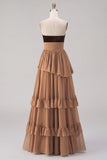 Khaki Tiered Strapless Chiffon Long Backless Wedding Guest Dress with Slit