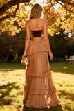 Khaki Tiered Strapless Chiffon Long Backless Wedding Guest Dress with Slit
