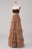 Khaki Tiered Strapless Chiffon Long Backless Wedding Guest Dress with Slit