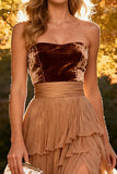 Khaki Tiered Strapless Chiffon Long Backless Wedding Guest Dress with Slit