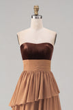 Khaki Tiered Strapless Chiffon Long Backless Wedding Guest Dress with Slit