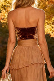Khaki Tiered Strapless Chiffon Long Backless Wedding Guest Dress with Slit