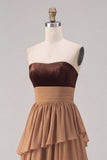 Khaki Tiered Strapless Chiffon Long Backless Wedding Guest Dress with Slit