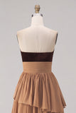 Khaki Tiered Strapless Chiffon Long Backless Wedding Guest Dress with Slit