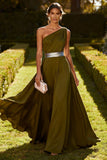 Olive Long One Shoulder Chiffon Ruched Wedding Guest Dress