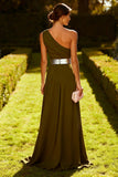 Olive Long One Shoulder Chiffon Ruched Wedding Guest Dress
