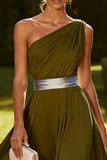 Olive Long One Shoulder Chiffon Ruched Wedding Guest Dress