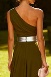 Olive Long One Shoulder Chiffon Ruched Wedding Guest Dress