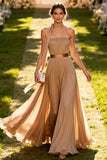 Khaki Chiffon Pleated Neck Scarf Backless Long Wedding Guest Dress
