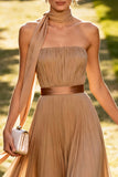 Khaki Chiffon Pleated Neck Scarf Backless Long Wedding Guest Dress