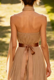 Khaki Chiffon Pleated Neck Scarf Backless Long Wedding Guest Dress