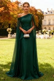 Dark Green Long One Shoulder Chiffon Wedding Guest Dress with Cape