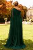 Dark Green Long One Shoulder Chiffon Wedding Guest Dress with Cape