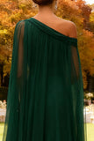 Dark Green Long One Shoulder Chiffon Wedding Guest Dress with Cape