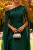 Dark Green Long One Shoulder Chiffon Wedding Guest Dress with Cape
