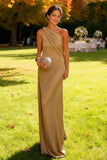 Khaki Satin One Shoulder Ruched Sheath Long Wedding Guest Dress