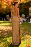 Khaki Satin One Shoulder Ruched Sheath Long Wedding Guest Dress
