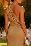 Khaki Satin One Shoulder Ruched Sheath Long Wedding Guest Dress