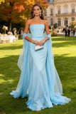 Stunning Sky Blue Mermaid Strapless Chiffon Long Wedding Guest Dress