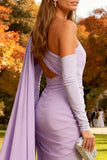 Light Purple Mermaid Ruched Long Wedding Guest Dress with Side Cape