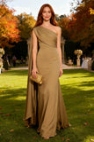 Khaki One Shoulder Mermaid Long Wedding Guest Dress with Streamers