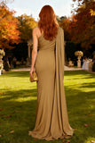 Khaki One Shoulder Mermaid Long Wedding Guest Dress with Streamers