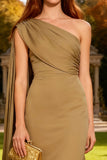 Khaki One Shoulder Mermaid Long Wedding Guest Dress with Streamers