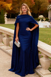 Navy Mermaid Long Chiffon Wedding Guest Dress with Cape