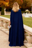 Navy Mermaid Long Chiffon Wedding Guest Dress with Cape