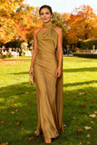 Khaki Mermaid Satin Halter Long Wedding Guest Dress with Streamers