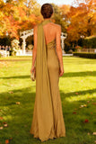 Khaki Mermaid Satin Halter Long Wedding Guest Dress with Streamers
