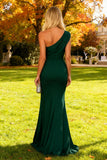 Dark Green Long Mermaid One Shoulder Wedding Guest Dress with Slit