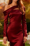 Burgundy Satin Long Sleeves Wedding Guest Dress