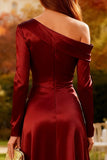 Burgundy Satin Long Sleeves Wedding Guest Dress