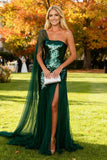 Sparkly Dark Green Sequined Long Wedding Guest Dress with Slit