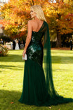 Sparkly Dark Green Sequined Long Wedding Guest Dress with Slit