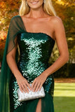 Sparkly Dark Green Sequined Long Wedding Guest Dress with Slit