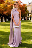 Mermaid Light Purple Satin Long Wedding Guest Dress with Cape