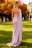 Mermaid Light Purple Satin Long Wedding Guest Dress with Cape