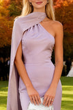 Mermaid Light Purple Satin Long Wedding Guest Dress with Cape