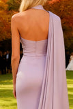 Mermaid Light Purple Satin Long Wedding Guest Dress with Cape