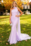 Light Purple One Shoulder Mermaid Long Wedding Guest Dress with Streamers