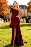 Burgundy One Shoulder Mermaid Long Ruched Wedding Guest Dress