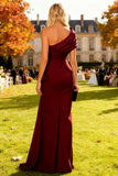 Burgundy One Shoulder Mermaid Long Ruched Wedding Guest Dress