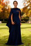 Navy Strapless Long Sheath Wedding Guest Dress with Cape