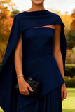 Navy Strapless Long Sheath Wedding Guest Dress with Cape