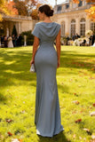 Long Grey Blue Mermaid Bateau Neck Wedding Guest Dress with Slit