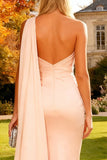 Pink Mermaid One Shoulder Long Satin Wedding Guest Dress with Cape