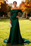 Dark Green Mermaid Off the Shoulder Long Wedding Guest Dress with Cape